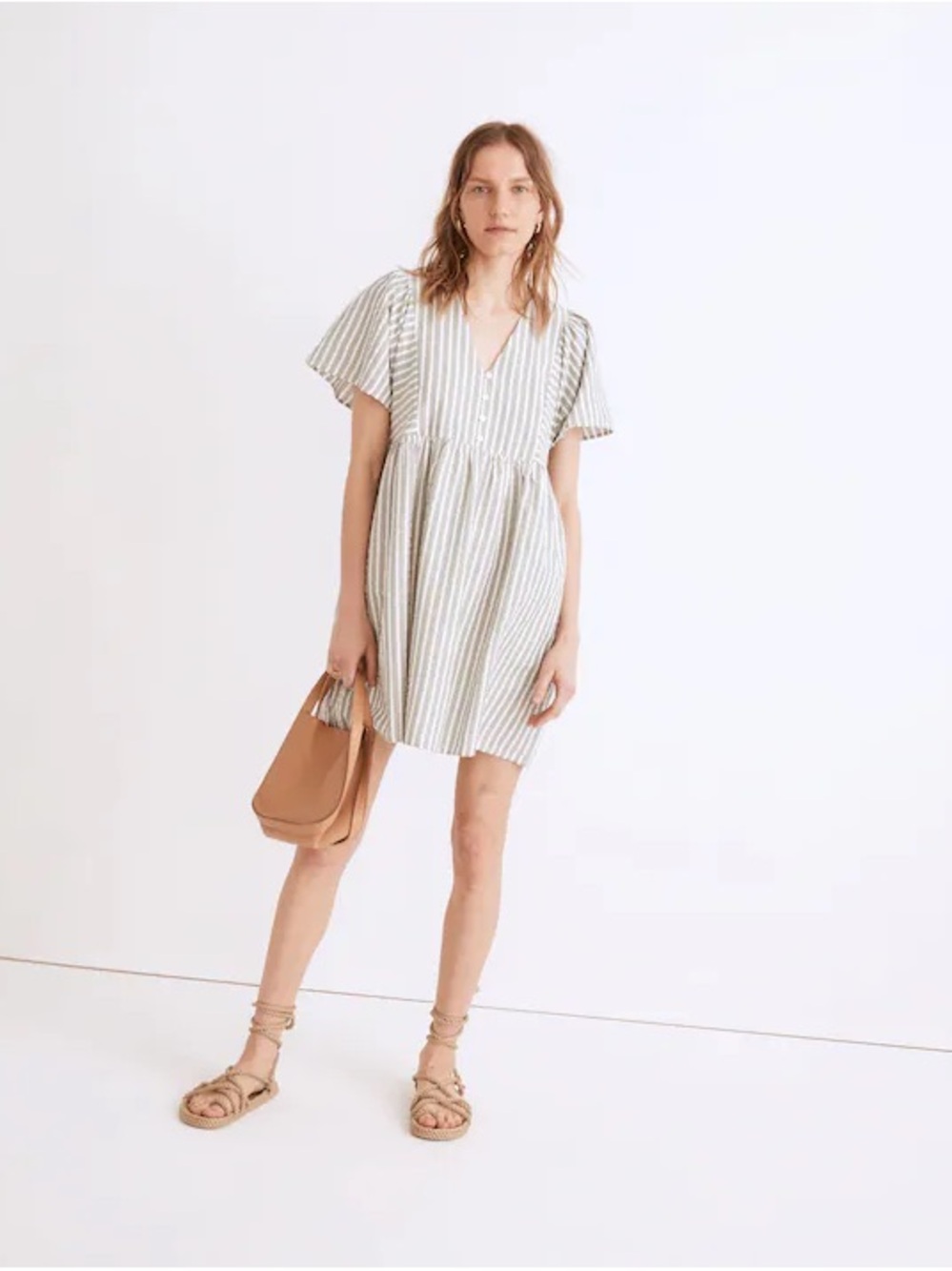 Madewell Seersucker Flutter~Sleeve Striped Mini Sage Coastal Dress Size L